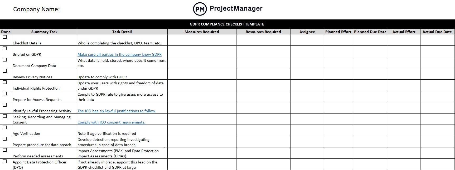 Templat kepatuhan GDPR ProjectManager