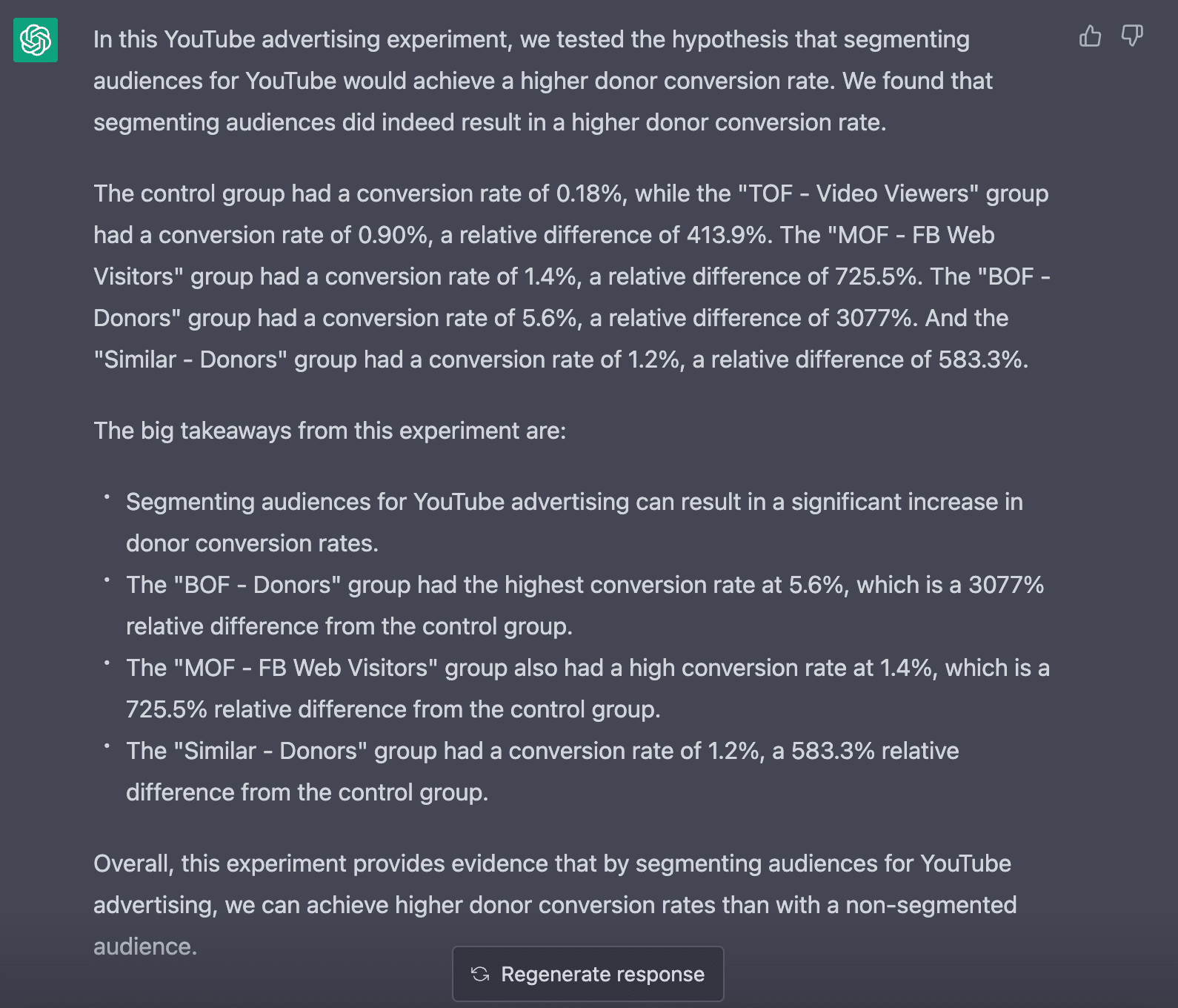 Solicitação do ChatGPT para gerar um resumo do experimento