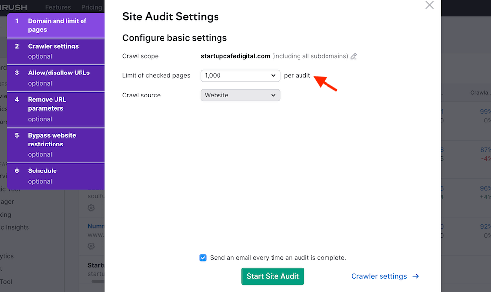 Semrush Site Audit Settings