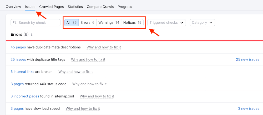 Indexing Issues - Semrush Site Audit