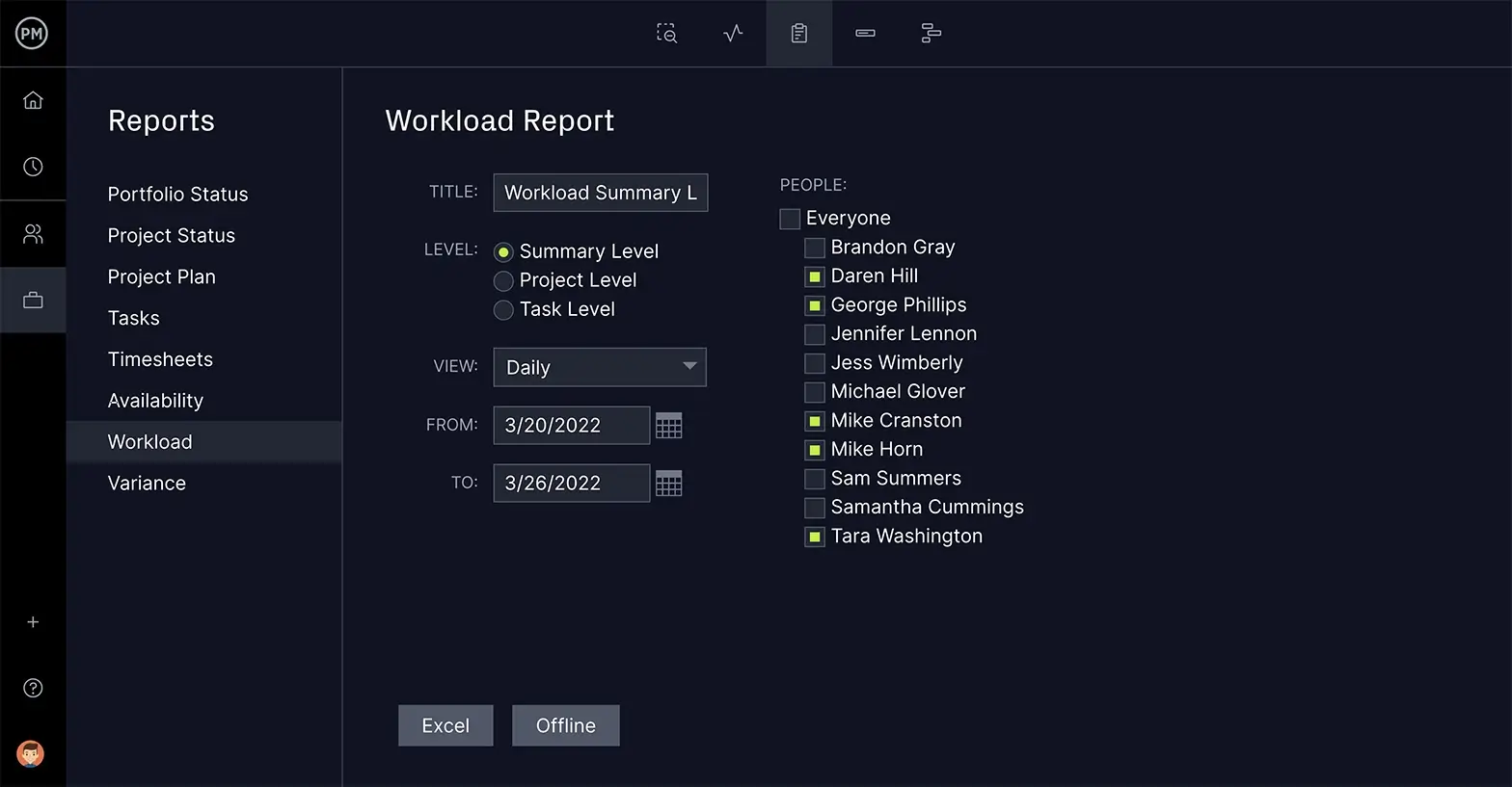 Filter laporan beban kerja ProjectManager