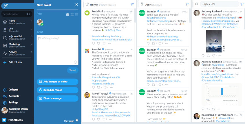 Tweetdeck - captură de ecran a instrumentului de monitorizare a rețelelor sociale.