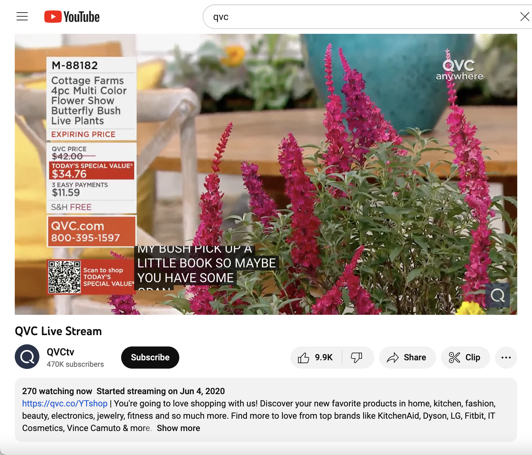 QVC의 YouTube 라이브 스트림에서 판매되는 꽃 화면 캡처.