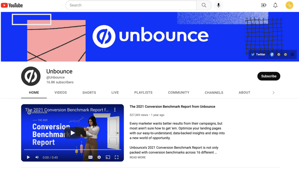 Unbounce 的 YouTube 頻道，其中有一個頻道預告片專門為尚未訂閱該頻道的人顯示。