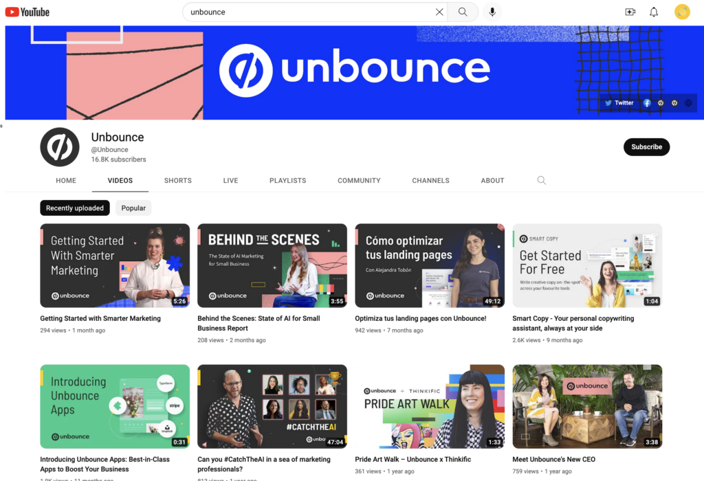 UnBounce 的 YouTube 頻道，其中第一個播放列表的縮略圖都包含一個人、視頻標題或文本主題和類似圖形。