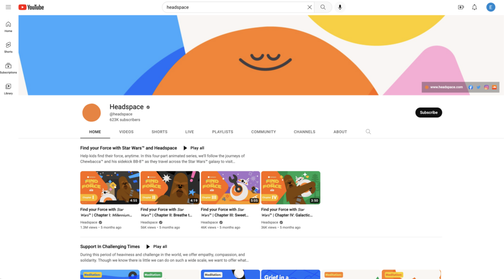 Headspace 的 YouTube 頻道，他們的橫幅圖像藝術、個人資料圖片和視頻縮略圖都共享相似的顏色和圖形。