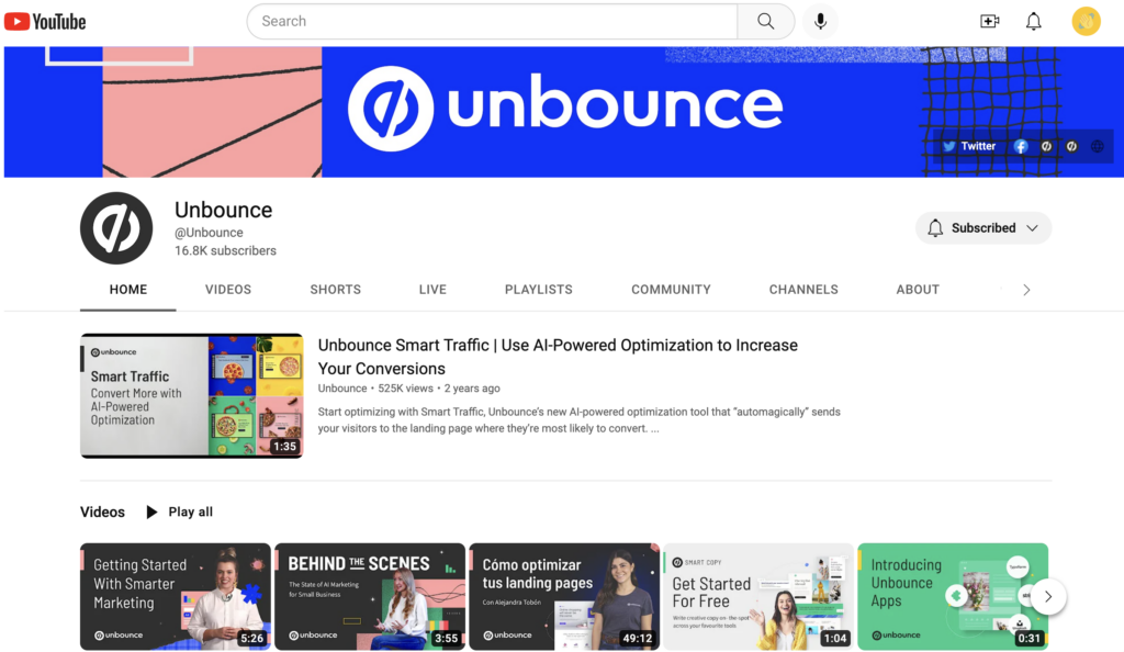 UnBounce 的 YouTube 頻道現在有一個精選視頻顯示給訂閱該頻道的人，而不是頻道預告片。