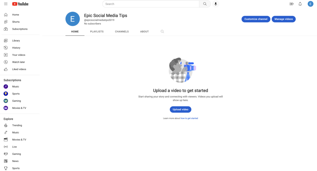 一個新創建的 YouTube 頻道，屏幕中間有一個圖片，上面寫著上傳視頻以開始使用。