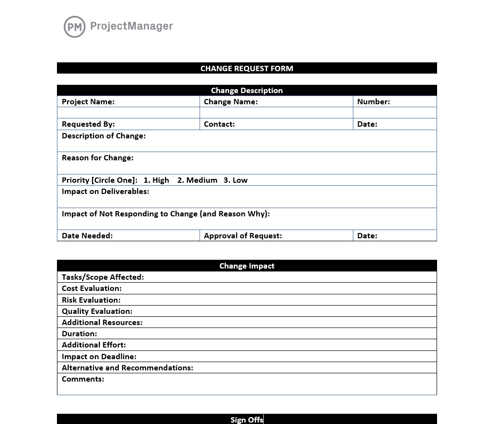 ProjectManager'ın ücretsiz değişiklik talep formu