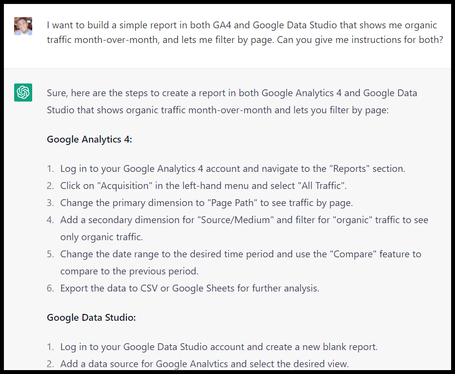 Rapporti ChatGPT GA4 e Data Studio