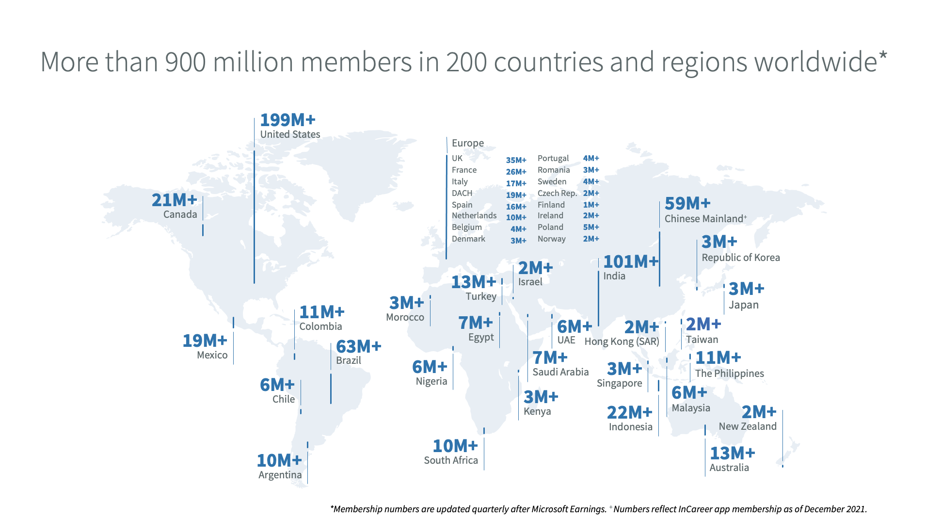 2023 年の全世界の会員数を示す LinkedIn マップ