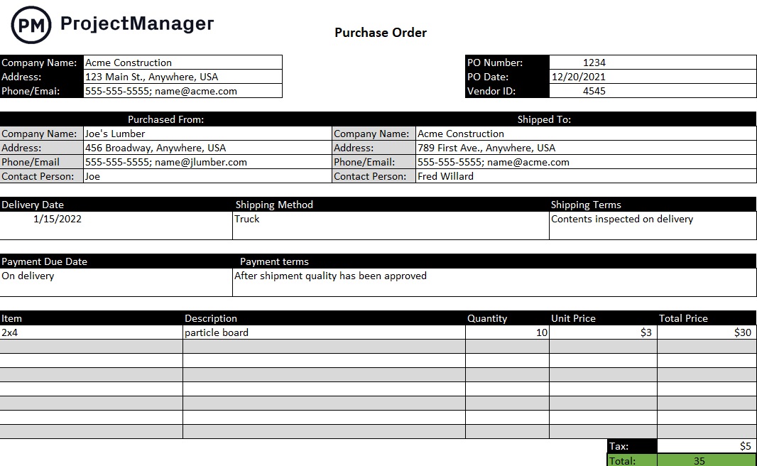 Kostenlose Bestellvorlage von ProjectManager