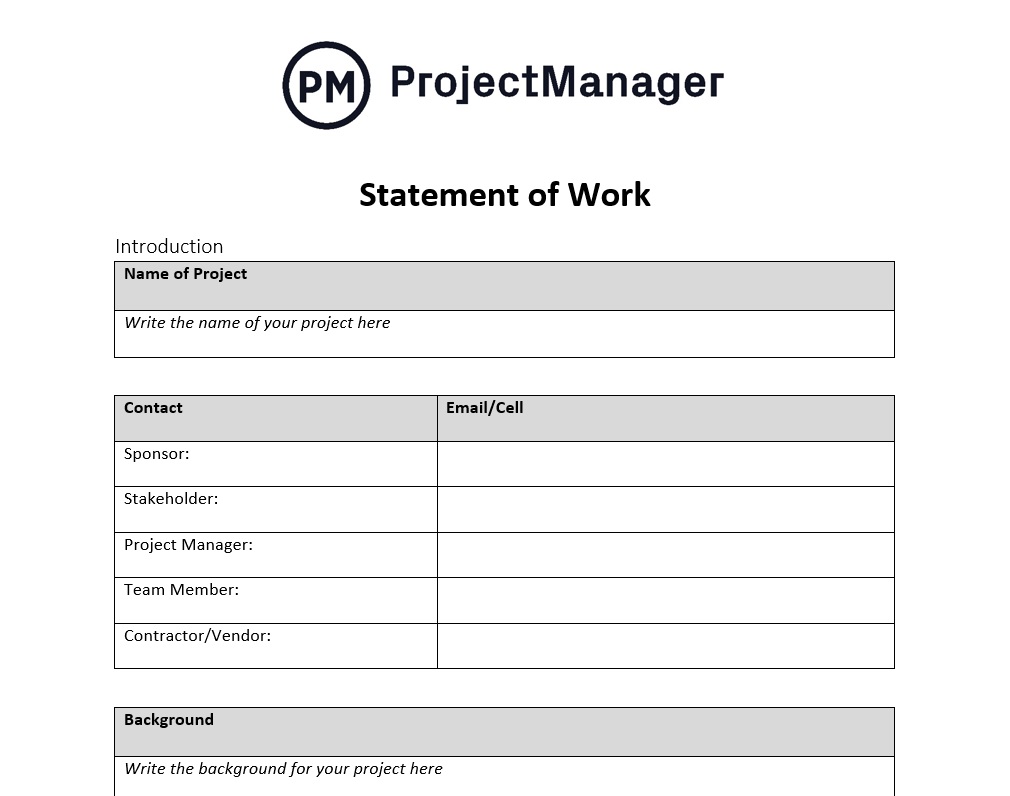 Kostenlose Vorlage für die Leistungsbeschreibung von ProjectManager