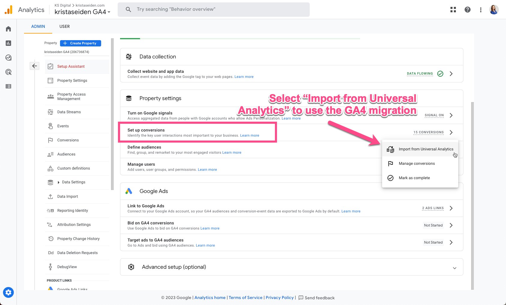 Conversions de l'assistant de configuration GA4