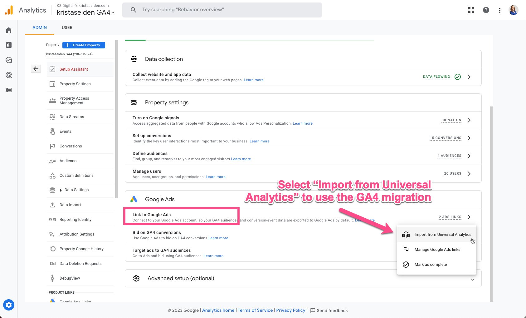 Assistant de configuration GA4 Association Google Ads