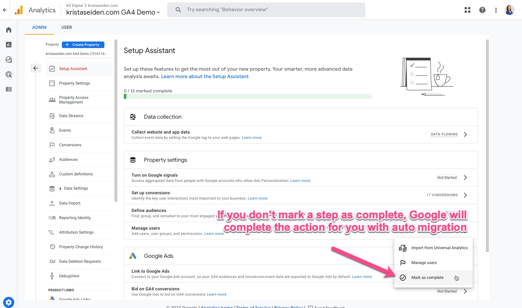 Assistant de configuration GA4 - Incompleta