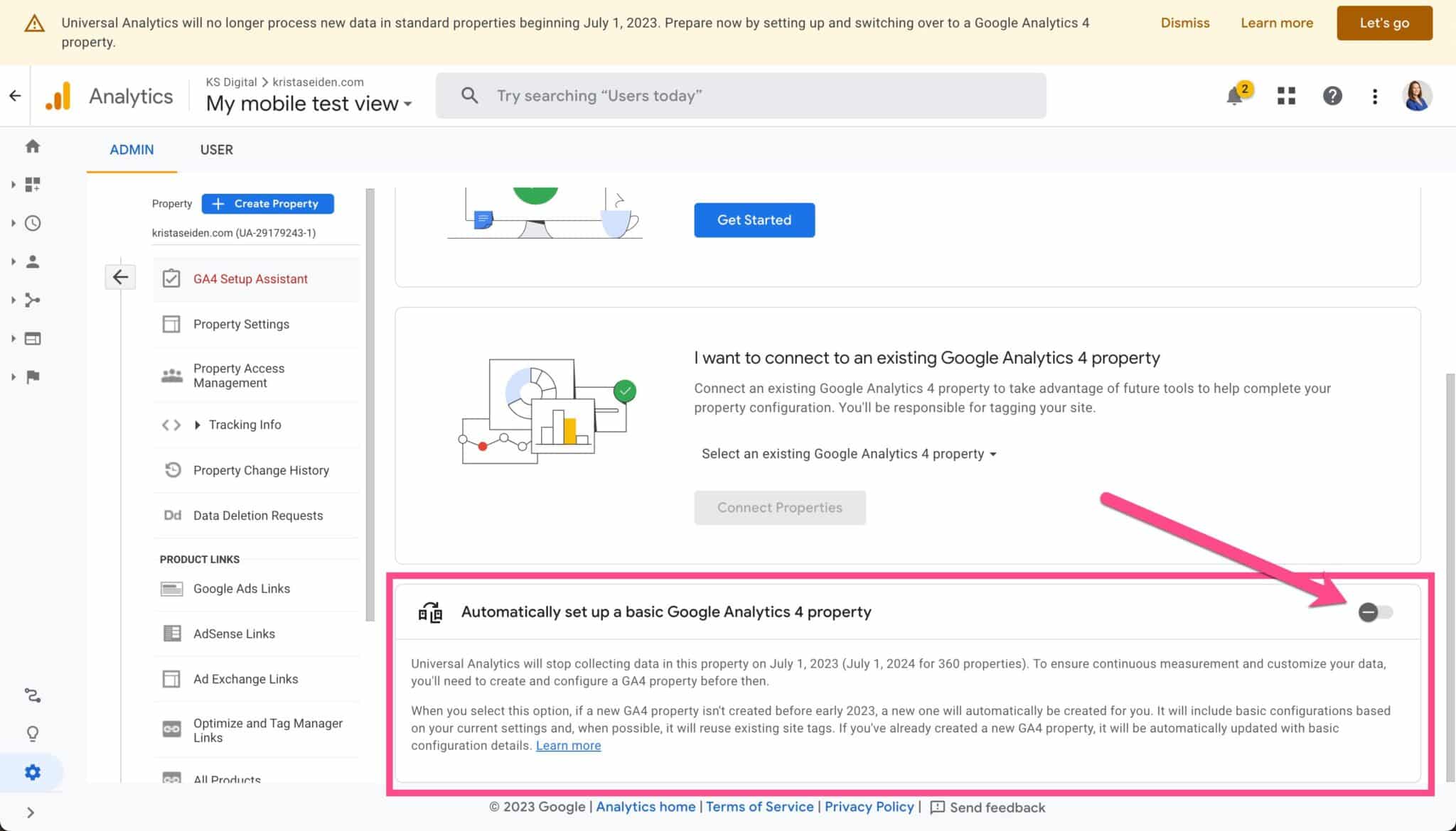 Désactivation de la migration automatique GA4