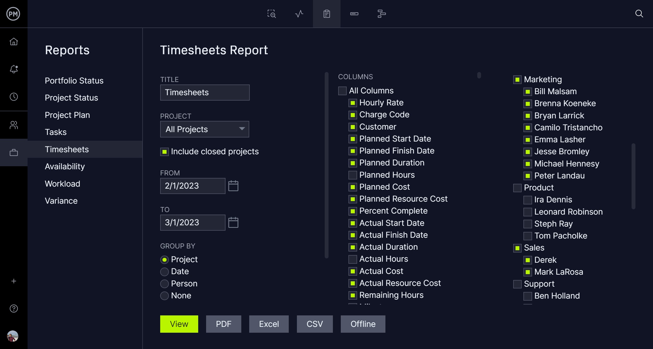 Filtro rapporto scheda attività di ProjectManager