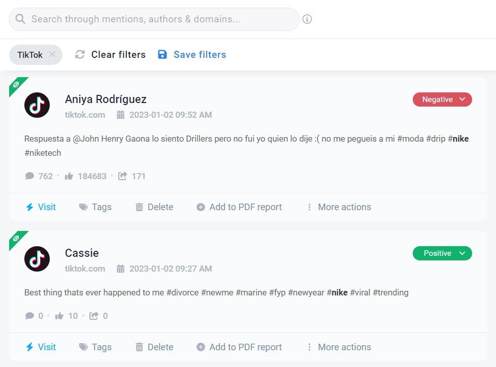 Menciones de TikTok detectadas por la herramienta Brand24