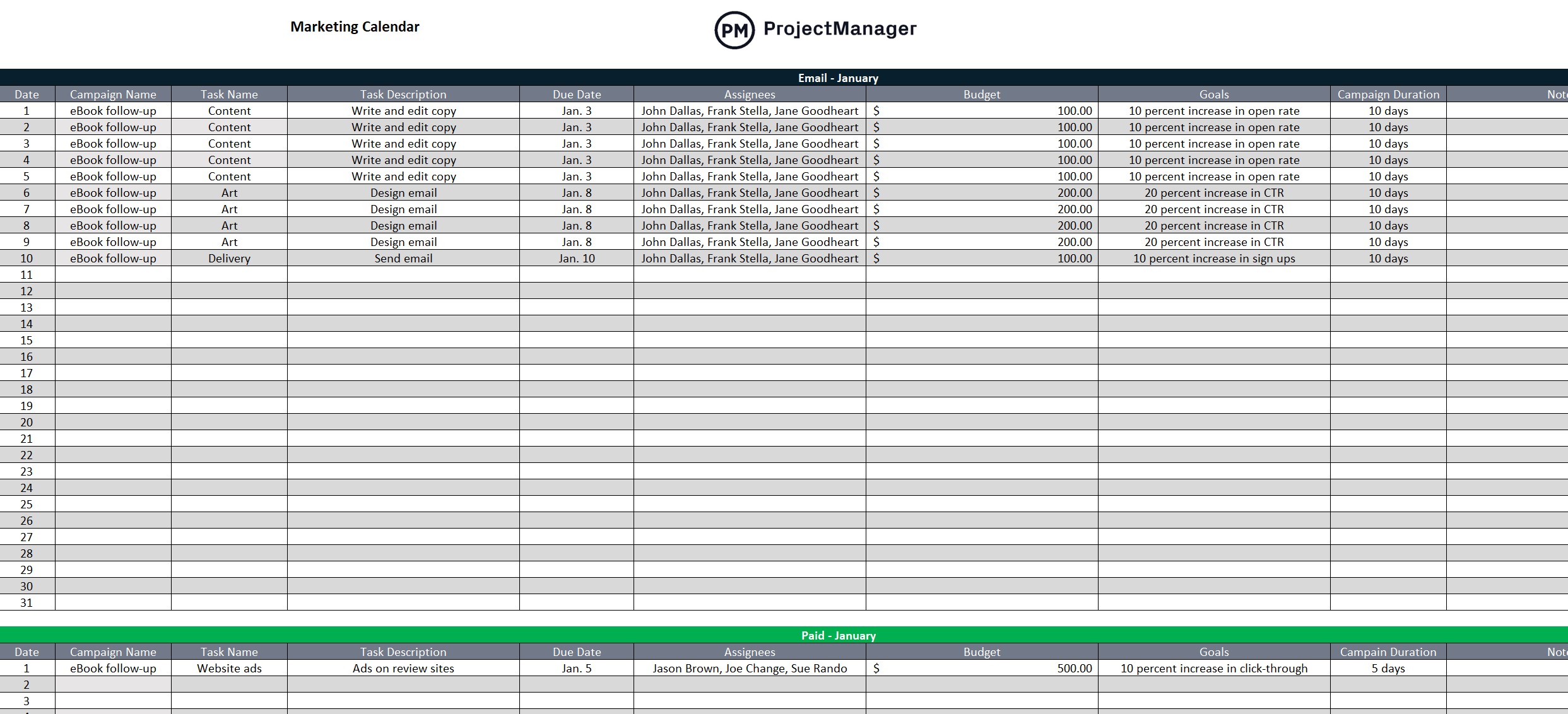 Modello di calendario di marketing gratuito di ProjectManager