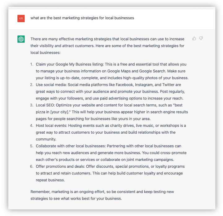 chat gpt - 지역 비즈니스를 위한 최고의 마케팅 전략에 대한 프롬프트에 대한 답변