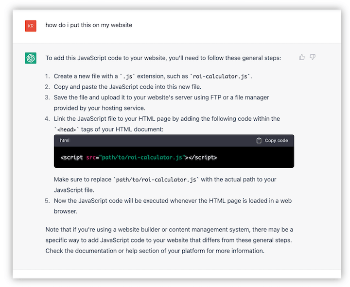 소기업 마케팅에 chatgpt를 사용하는 방법 - 웹사이트에서 javascript를 구현하는 방법에 대한 프롬프트에 대한 답변