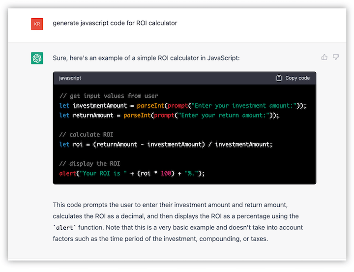 소기업 마케팅에 chatgpt를 사용하는 방법 - ROI 계산기용 자바스크립트 생성 프롬프트에 대한 답변
