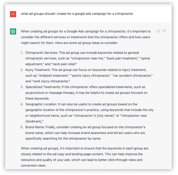 소기업 마케팅에 chatgpt를 사용하는 방법 - Google 광고 광고 그룹 프롬프트에 대한 답변