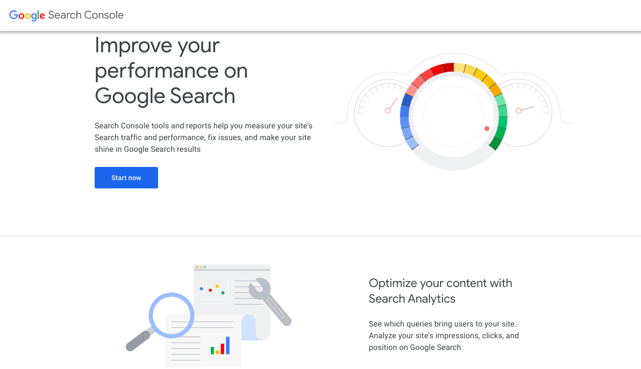 Screenshot of Google Search Console home page