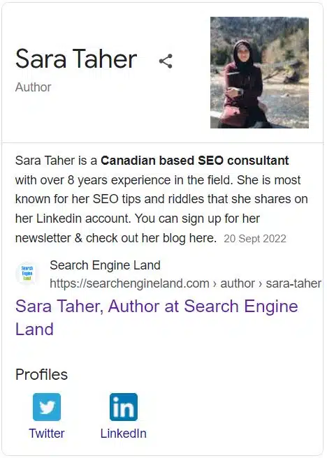 Sara Taher のナレッジ パネルは、彼女が SEO コンサルタントとして認められていることを示しています。