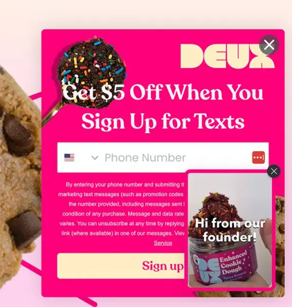 Screenshot of Deux pop-up asking for a mobile phone number.