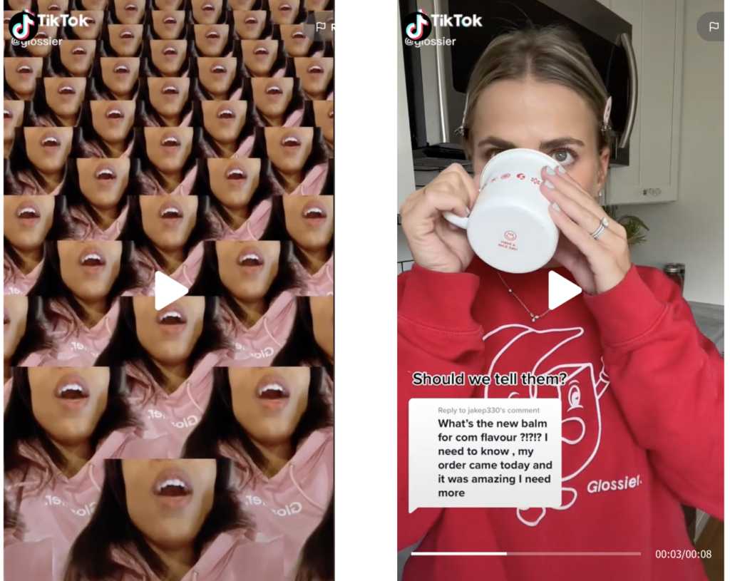 Glossier の古い TikTok ビデオの 1 つと、より明確な戦略を示す、より更新された新しい TikTok ビデオがチャンネルに表示されています。