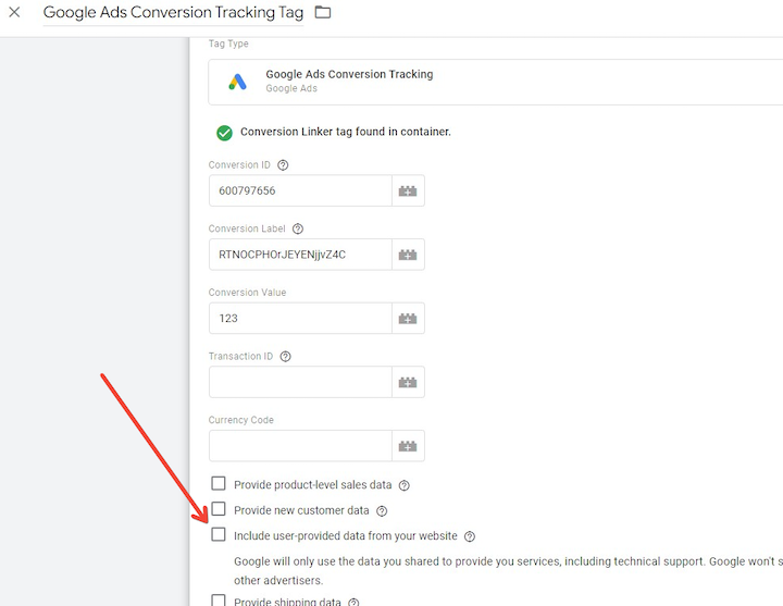 configuration des conversions avancées google ads - balise de suivi des conversions google ads