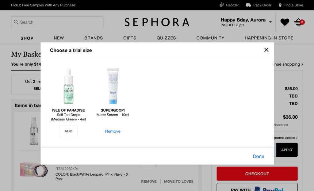 لقطة شاشة لـ Sephora اختر نافذة منتج تجريبي