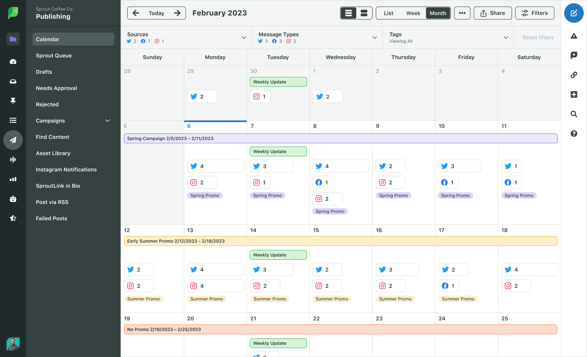 Tangkapan layar Kalender Penerbitan bulanan Sprout Social yang menunjukkan tampilan sekilas kampanye.