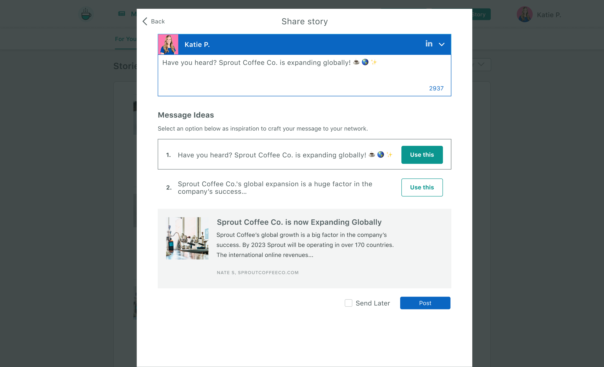 Platform Advokasi Karyawan Sprout tempat Anda dapat melihat bagaimana postingan dikuratori untuk dibagikan oleh karyawan.