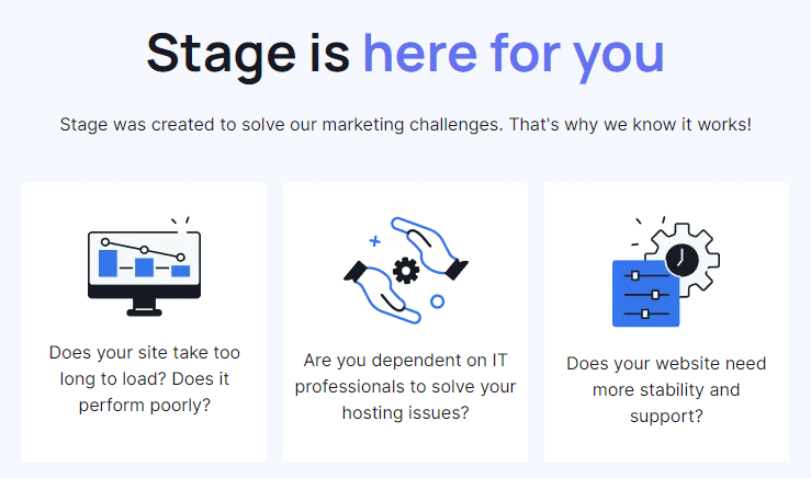 Rock Content Stage 사이트의 스크린샷. Stage는 마케팅 문제를 해결하기 위해 만들어졌습니다.