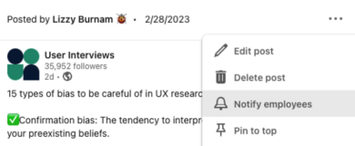 세 개의 점으로 된 드롭다운 메뉴에서 직원에게 알림 옵션을 보여주는 LinkedIn 회사 페이지의 이미지.