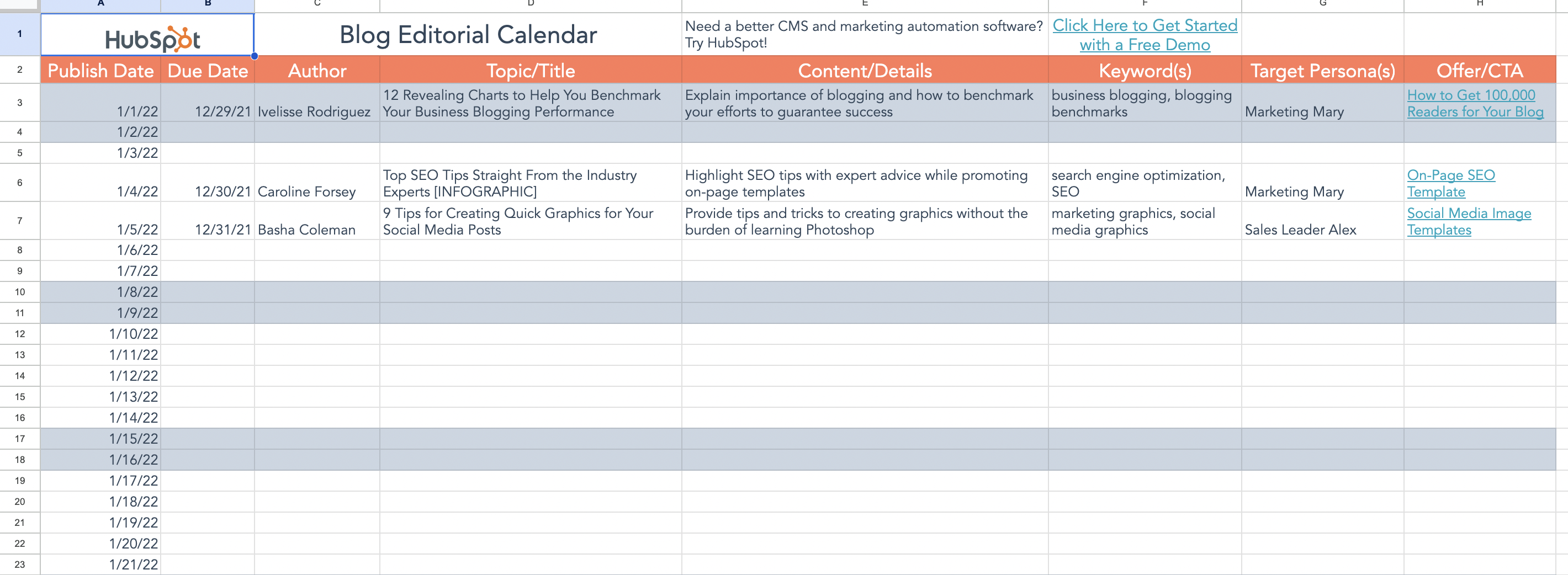 Un modèle de calendrier de contenu basé sur une feuille de calcul par Hubspot qui comporte des colonnes pour les mots-clés, les auteurs, les délais et le CTA