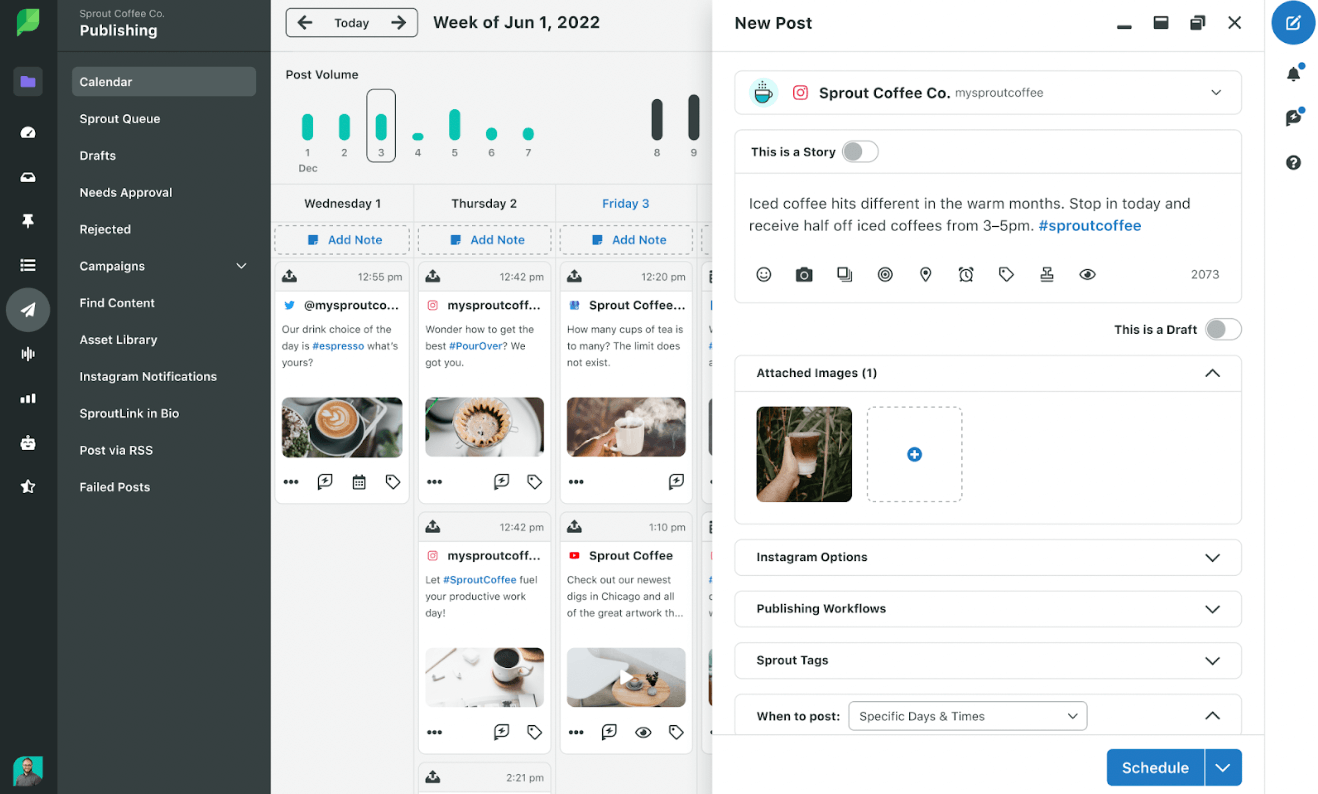 Un calendrier de contenu de médias sociaux par Sprout Social qui a des fonctionnalités interactives