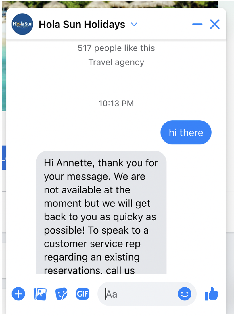 Hola Sun Travel utilise un chatbot Messenger pour assister les clients.