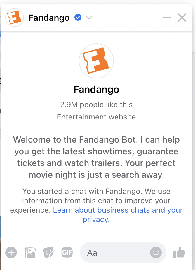 Fandango utilise un chatbot sur Messenger pour discuter avec les clients.