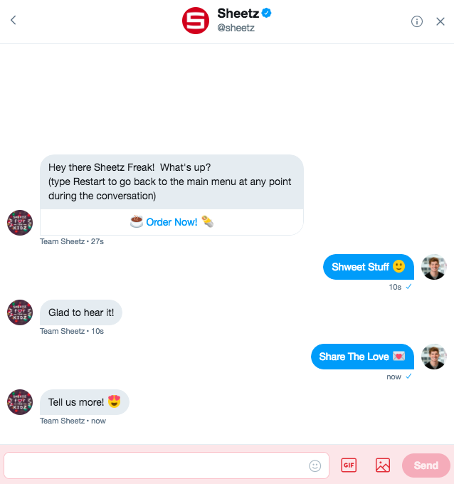 exemple de chatbot twitter de sheetz