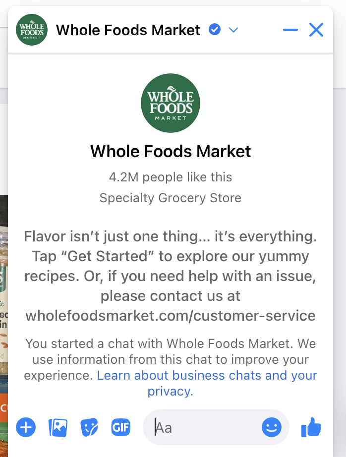 Whole Foods a un chatbot qui lance la conversation en expliquant comment cela fonctionne.