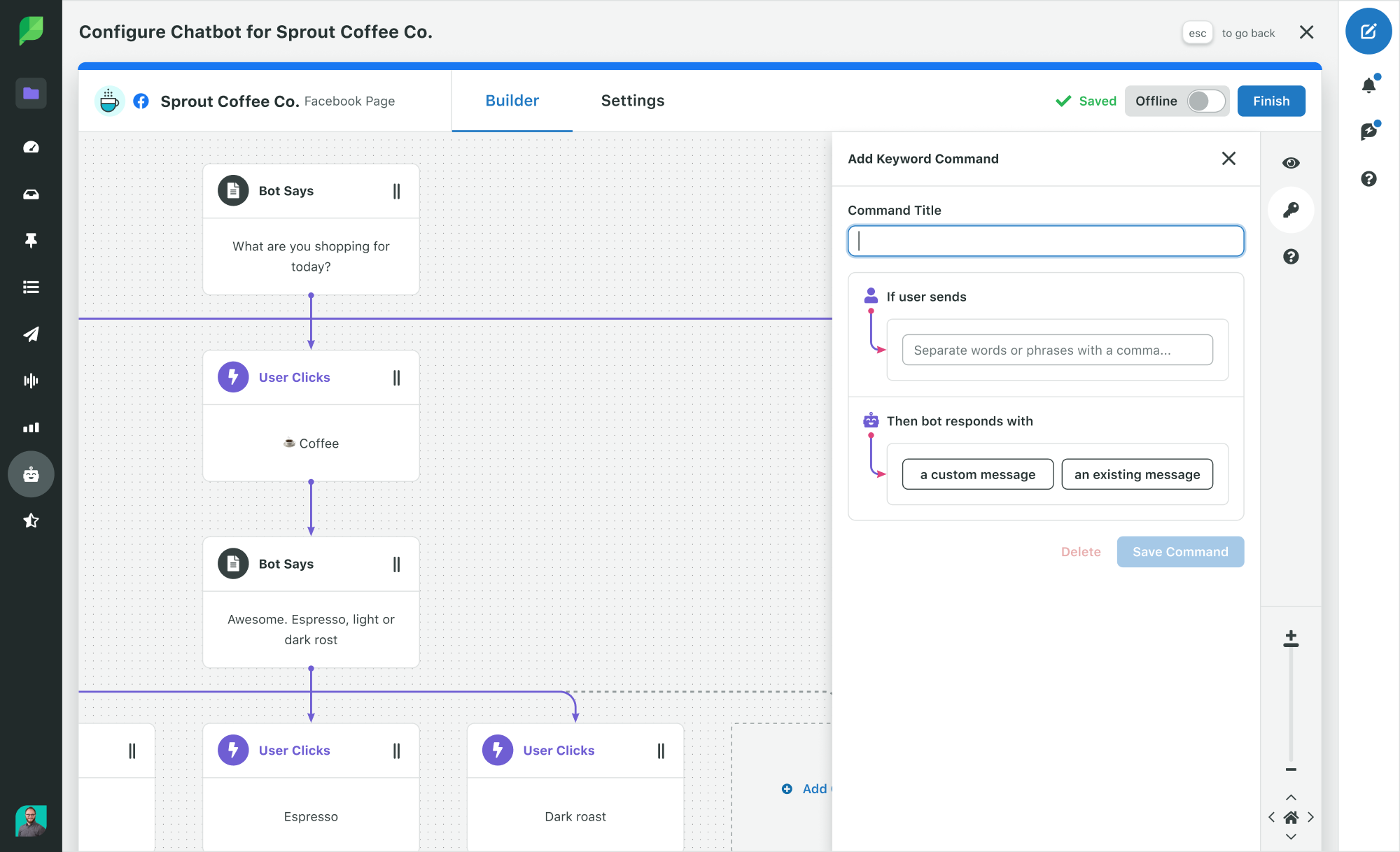 Construire un chatbot à l'aide de mots-clés dans le Bot Builder de Sprout.