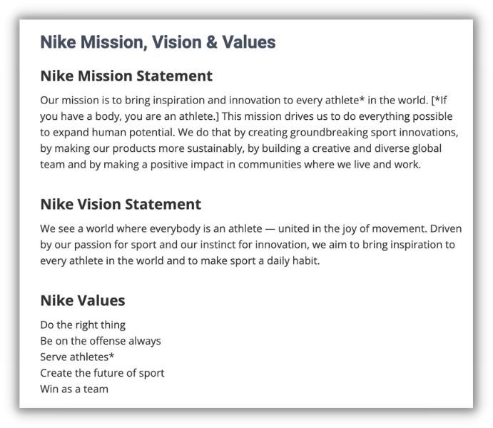 Declarația de viziune, misiune și valori ale companiei nike