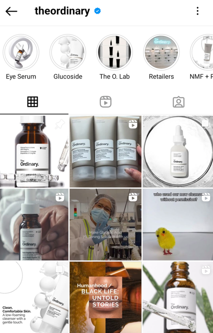 Identidade da marca The Ordinary em destaque no Instagram