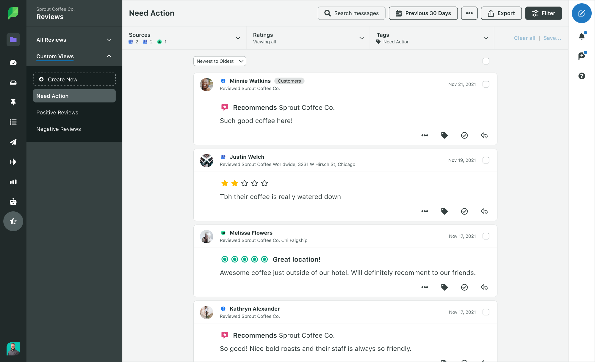 Tabloul de bord Sprout Social Custom Reviews cu recenzii de la Facebook, Google și TripAdvisor care au nevoie de răspunsuri.