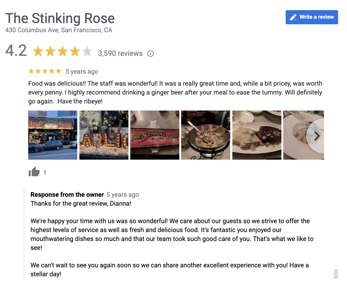 O recenzie pozitivă despre Stinking Rose pe Google. Restaurantul răspunde mulțumind clientului pentru recenzia pozitivă și dorește să-l revadă în viitor.