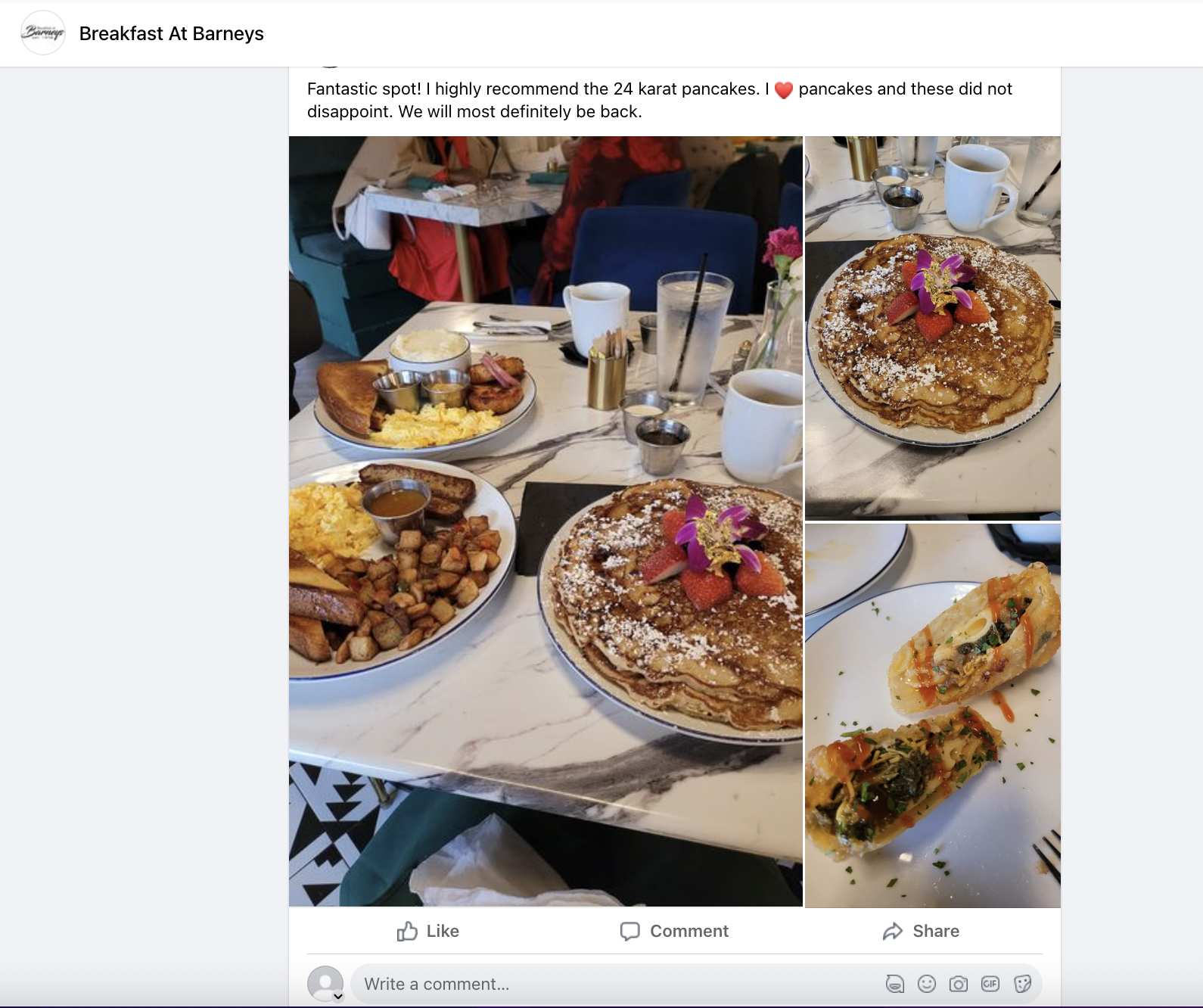 O recenzie pozitivă despre Breakfast at Barney's pe Facebook.